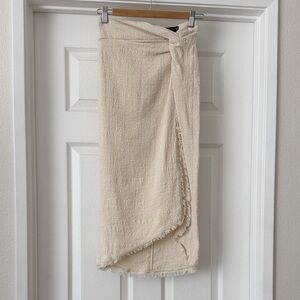 Zara Cream Textured Wrap Midi Skirt with Fringe